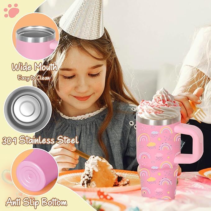 Cosictic 14 Oz Rainbow Tumbler with Handle and Straw for Kids, Stainless Steel Insulated Rainbow Cup for Children, 14 Oz Cups for Kids (Pink)