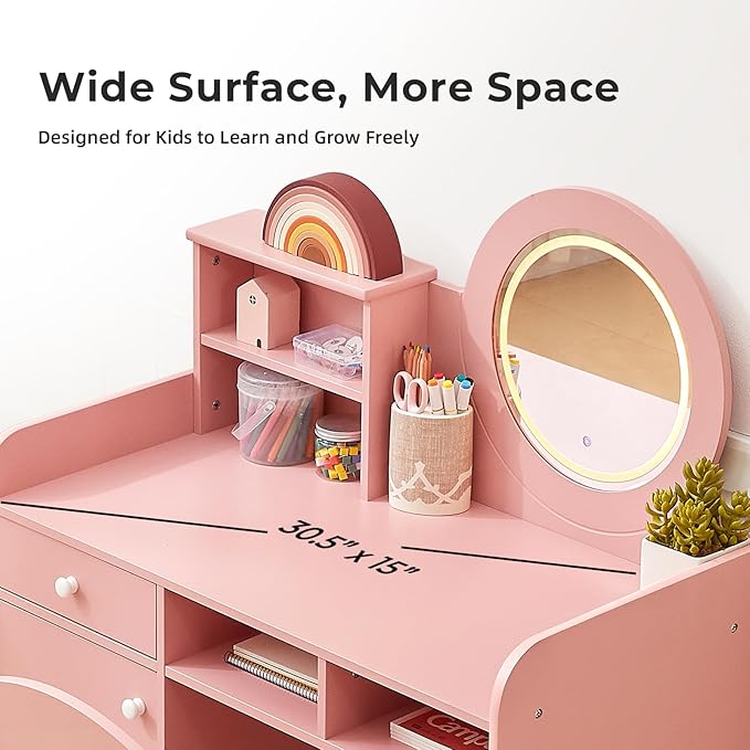 Toddler Vanity with Lighted Mirror, Kids Vanity Table and Chair Set with Open Bookshelf, Storage Cabinet & Shelves, Pink Dressing Table for Girls