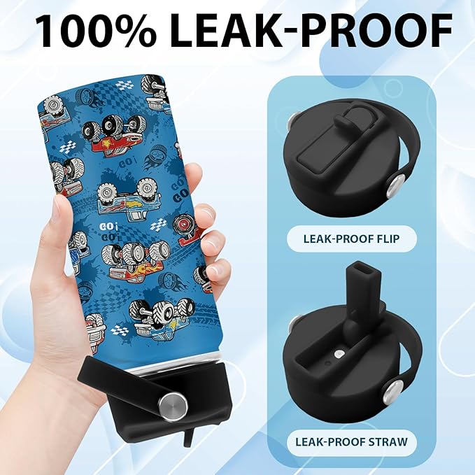 Trucks Gifts for Boy Truck Lovers, 16 oz Water Bottles with Straw Lid, Stainless Steel Insulated Tumbler, Truck Cup Gifts for Birthday Christmas