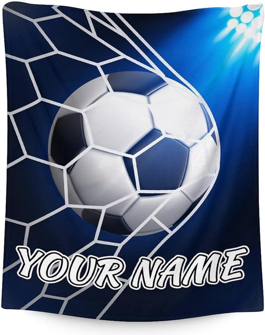 Personalized Soccer Blanket for Boys and Girls - 30x40 Inches Lap Size - Soft Fuzzy Cozy Throws Gift for Soccer Team - Blue Sports Throw Blanket for Couch, Living Room & Office