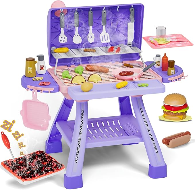 New Upgraded Kids BBQ Grill Playset with Smoke, Sound&Light, Toy Grill for Girls, Pretend Food Hamburger, Kitchen Barbecue Toy Game, Christmas Birthday Gift for 3-5 Kids, Pink & Purple