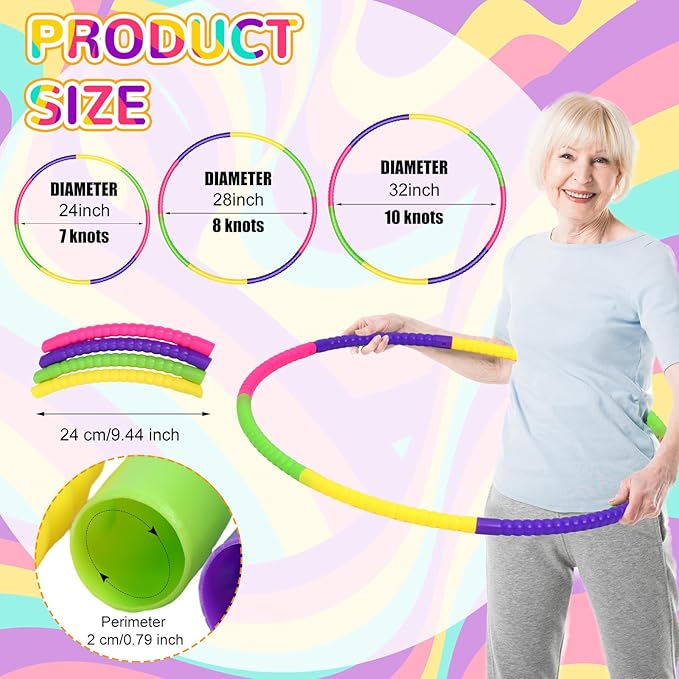 Syhood 12 Pcs Toy Color Hoop Plastic Detachable Adjustable Hoop Light Weight Exercise Fitness Equipment Toy Waist Ring for Adult Party, 3 Sizes(Green, Rose, Yellow, Purple)