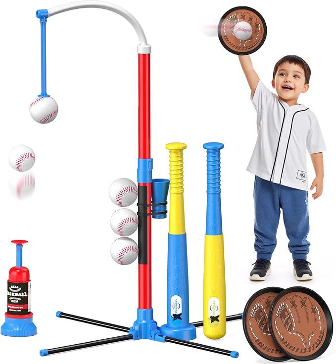 QDRAGON 4 in 1 Tball Set for Toddlers 3-5 with Toss and Catch Ball Set/ 2 Bats, Hanging Tee Ball Stand with Auto Pitching Machine, Indoor Outdoor Sport Toys Christmas Birthday Gifts for Boys Girls