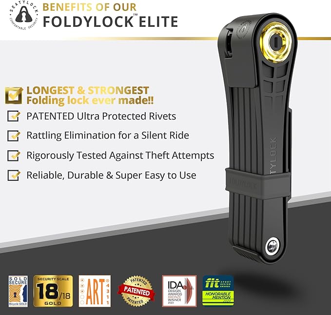Seatylock FoldyLock Elite Folding Bike Lock - Patented 18/18 High Security Sold Secure Gold Bicycle Lock - Heavy Duty Anti Theft Secure Guard with Keys & Case Mount - 43.3"
