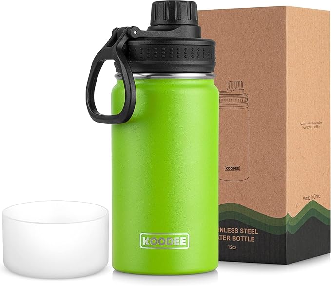 koodee Small Water Bottle-12 oz Stainless Steel Vacuum Insulated Wide Mouth Water Flask with Leakproof Spout Lid (Apple Green)