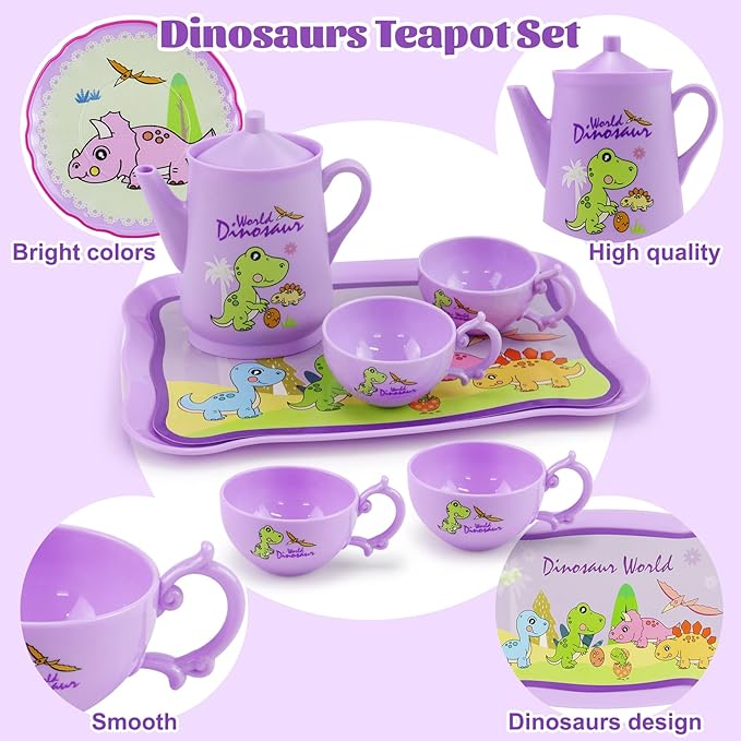 Motiloo 41 Pcs Dinosaurs Kids Tea Party Set with Carrying Case & Sweet Treats Playset - Pretend Toy Tin Tea Set for Little Girls - Princess Tea Time Pretend Play Tea Set Toys
