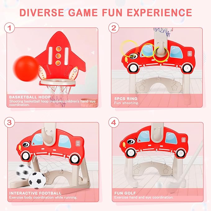 CYFIE Kids Basketball Hoop Toys with Football, Golf, Ring Toss, 4-in-1 Adjustable Height Toddler Activity Center Set for Girls Boys Sports Gifts Indoor Outdoor (Red)