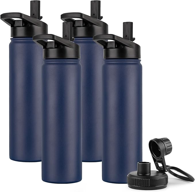 DOMICARE Insulated Water Bottle, 22 oz Vacuum Insulated Stainless Steel Reusable Sports Bottle with Straw Lid & Spout Lid for Travel, Camping, Bike, Leakproof, Navy Blue, 4 Pack