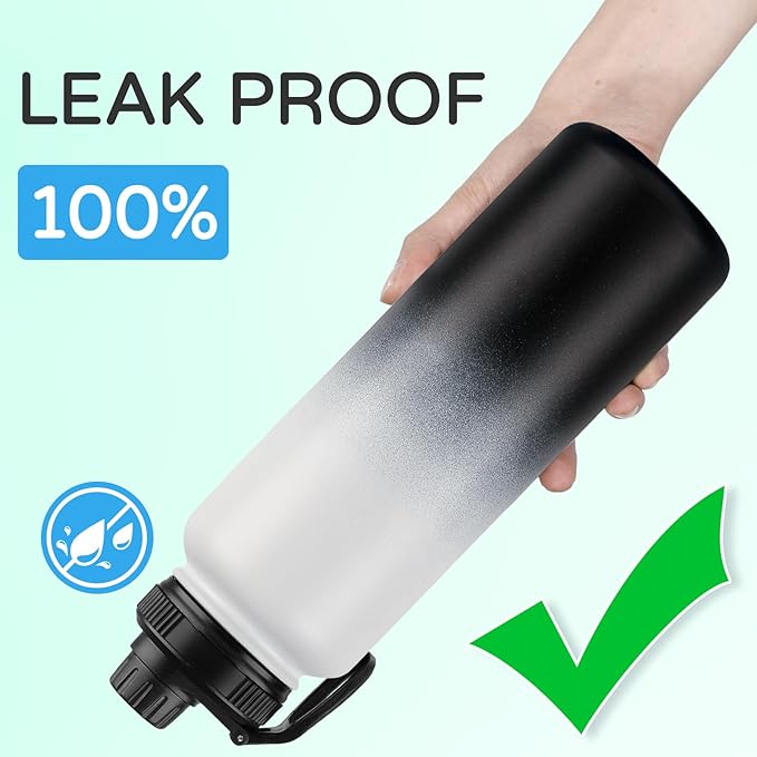 DOMICARE 40 oz Insulated Water Bottle Bulk, Vacuum Insulated Stainless Steel Sports Water Bottle with Straw Lid & Spout Lid, Leakproof, Reusable - Travel, Camping, Bike, Black White Gradient (4 Pack)