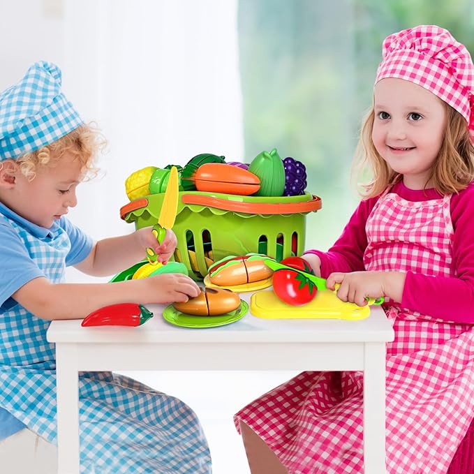 100 PCS Cutting Play Food Toy for Kids Kitchen, Pretend Food Toys for Toddlers, Play Kitchen Toys Accessories with 2 Baskets, Fake Food/Fruit/Vegetable, Birthday Gifts for 3 4 5 6 Years Old Boys Girls