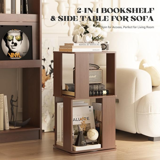 2 Tier Solid Wood Rotating Bookshelf Tower on Wheels, 360° Upgrade Spinning Book Shelf, Revolving Bookcase Organizer, Swivel Bookshelves for Small Spaces, Corner, Bedroom, Kids Room, Office (Walnut)