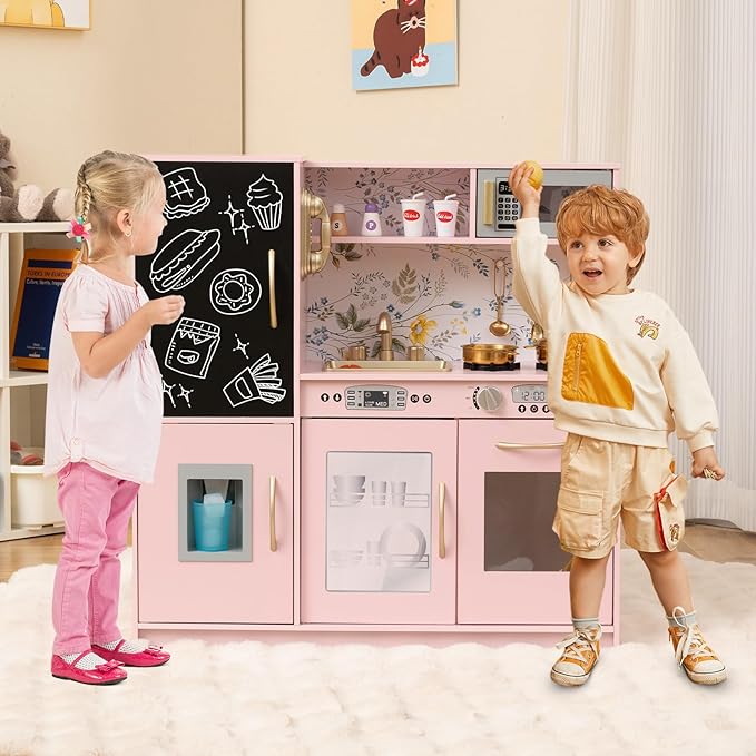 Costzon Kids Kitchen Playset, Wooden Pretend Cooking Toy Set w/Sound, Large Blackboard, Telephone, Microwave, Ice Maker, Dishwasher, Oven, Storage Space, Play Kitchen for Kids Ages 3+ (Light Pink)