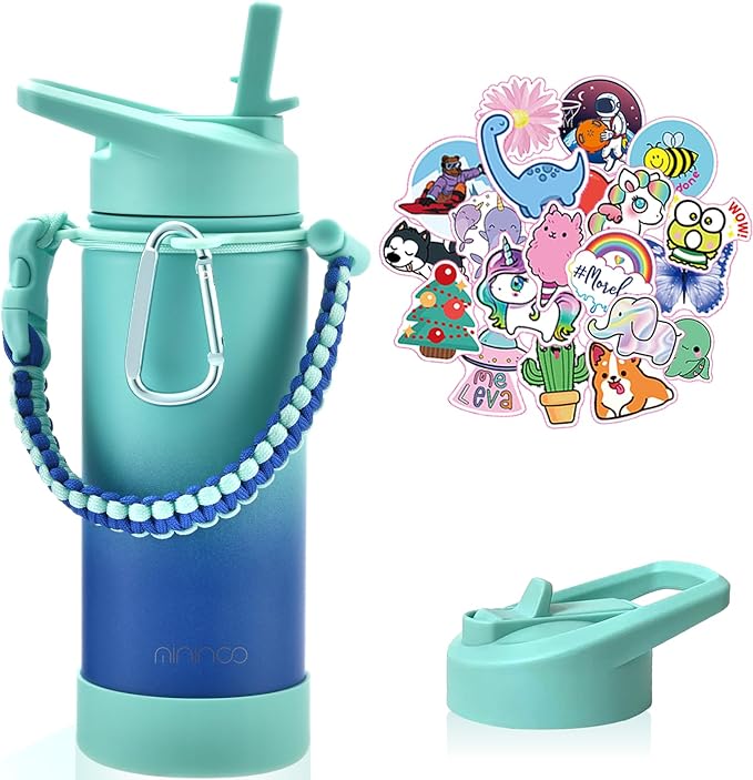 Mininoo Boys Water Bottle for School, 16oz Stainless Steel Insulated Metal Water Bottle with Straw Lid for Girls, Boys (Sky/Blue)