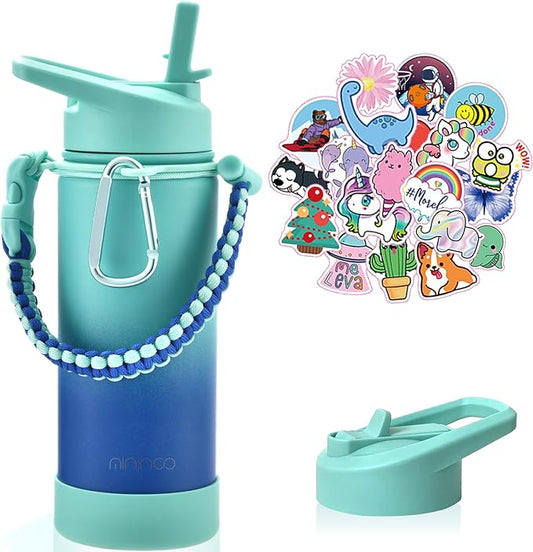 Mininoo Boys Water Bottle for School, 16oz Stainless Steel Insulated Metal Water Bottle with Straw Lid for Girls, Boys (Sky/Blue)