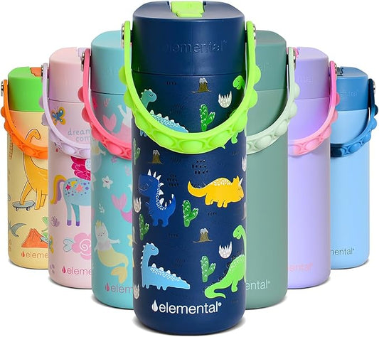 Elemental Insulated Kids Water Bottle, Stainless Steel Water Bottle with Straw Lid & Pop-It Handle, Leak-Proof Water Bottles for School, Boys or Girls, Travelling and Sports, 18oz - Dinosaur