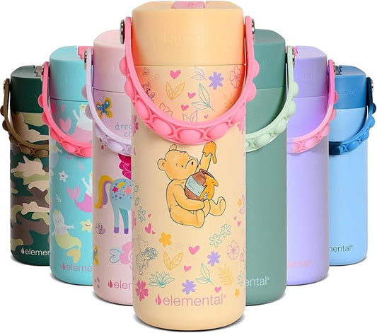 Elemental Insulated Kids Water Bottle, Stainless Steel Water Bottle with Straw Lid & Pop-It Handle, Leak-Proof Water Bottles for School, Boys or Girls, Travelling and Sports, 18oz - Classic Pooh