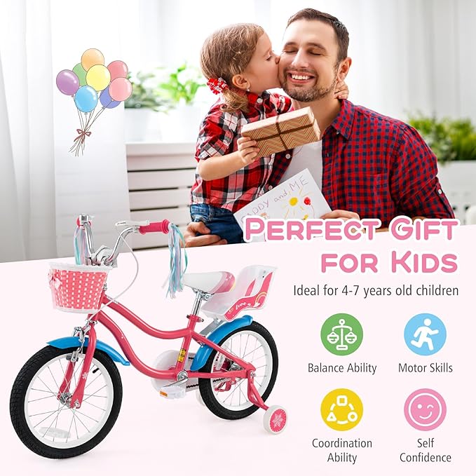 BABY JOY Kids Bike, 12 14 16 18 Inch Children Bicycle w/Detachable Training Wheels, Storage Basket, Adjustable Seat & Handlebar, Bow or Streamer, Girls Bike for 3-8 Years Old