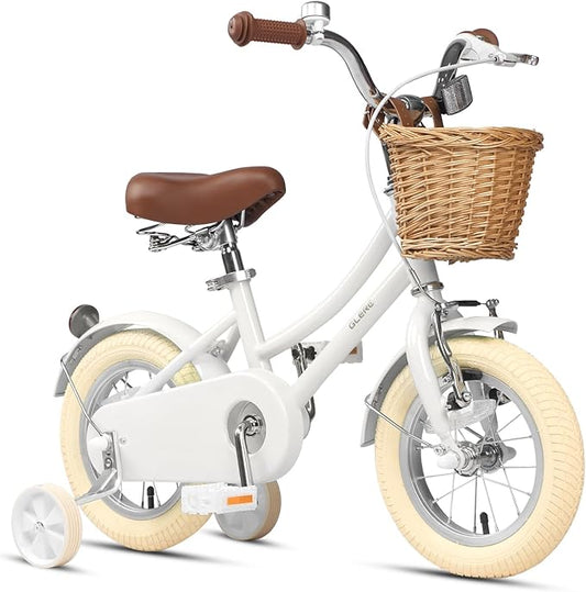 Glerc Little Molly 12-20 Inch Kids Retro Cruiser Bike for 2-13 Year Old with Wicker Basket & Training Wheels/Kickstand, Multiple Colors