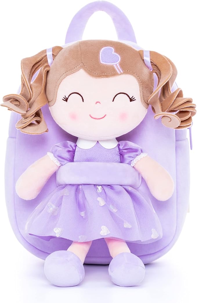 Gloveleya Back to School Gifts for Girls Toddler Backpack Baby Girls Gift Plush Bag Diaper Bag with Spring Girl Doll Curly Hair Girl Toys with Love Purple