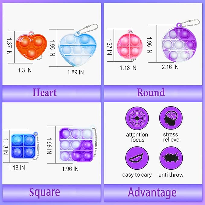 108 PCS Pop Fidget Keychain It Mini Fidget Toys Bulk Party Favors for Kids 4-8,8-12 Year Boys Girls Push Pops Bulk Toys Its Small Prizes for Kids Classroom Birthday Party Favors Bubble Poppers