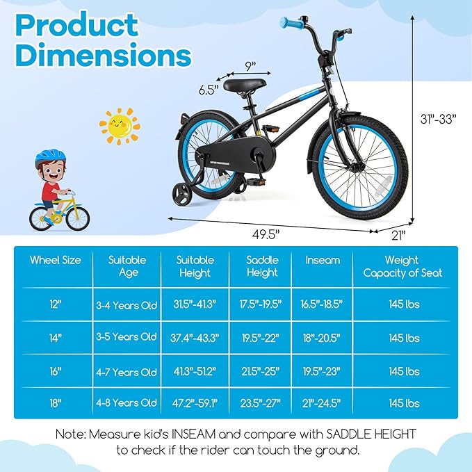 BABY JOY Colorful Macarons Kids Bike, 12 14 16 18 Inch Sporty Children's Bicycle with Training Wheels, Adjustable Handlebar & Saddle, Handbrake & Coaster Brake, Boys Girls Bike for 3-8 Years Old