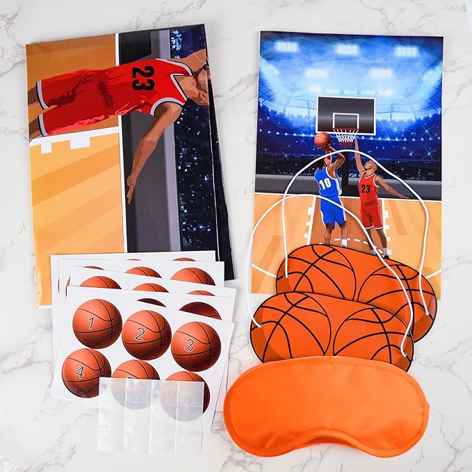 PLULON Basketball Party Game for Kids Pin The Basketball on The Hoop Game Basketball Poster with Basketball Stickers for Boys Girls Birthday Party Wall Decorations Classroom Activities