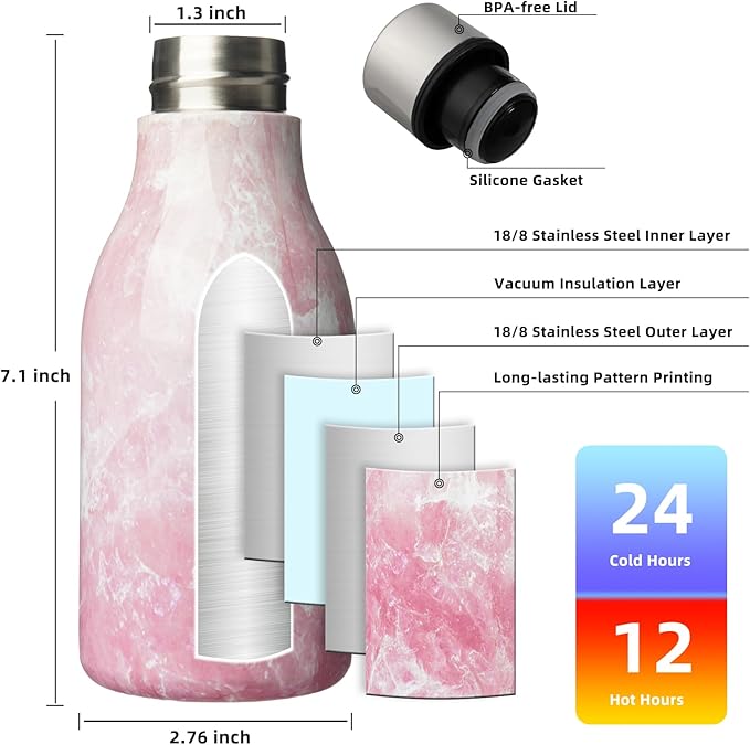 BJPKPK Insulated Water Bottles, 12oz Stainless Steel Metal Water Bottle with Strap, BPA Free Leak Proof Thermos, Mugs, Flasks, Reusable Water Bottle for Sports & Travel, Blossom