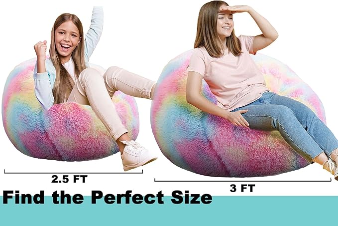 Fluffy Bean Bag Chair, 3FT Round Memory Foam Filled Bean Bag for Teens & Kids, Ultra Soft Faux Fur Fabric Bean Bag Chairs for Playroom, Living Room, Bedroom, Rainbow
