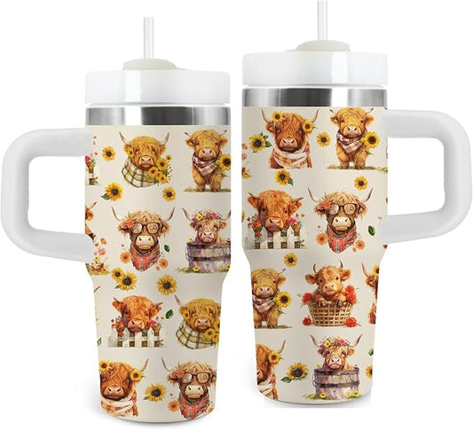 Highland Cow Gifts - 14oz Kids Highland Cattle Yak Tumbler with Handle and Straw, Stainless Steel Insulated Water Cup, for Boys & Girls, Travel - Farm Animal Cow Children Birthday Gift Cup(1pc)
