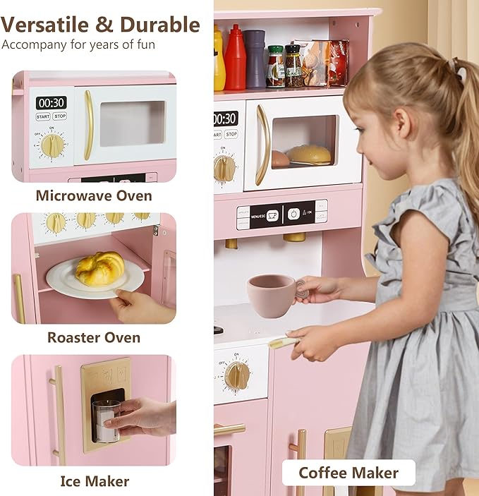 Kinder King Wooden Kids Play Kitchen, Toy Kitchen Playset for Toddler, Play Kitchen Set w/Real Sounds, Pretend Coffee Machine, Kitchen Hood, Sink, Ice Maker, Gift for Boys Girls Age 3+, Pink