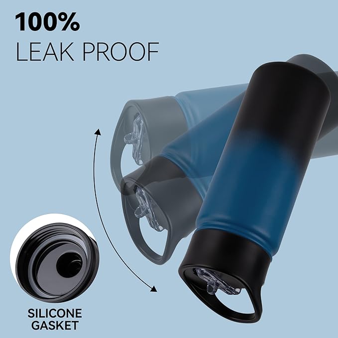 16 oz Insulated Water Bottle for School, Straw & Spout Lid, Keep Cold 24H, Spill Proof, BPA-Free, Double Wall Stainless Steel Kids Water Bottles for Sports, Gym, Travel, Blue Black Gradient
