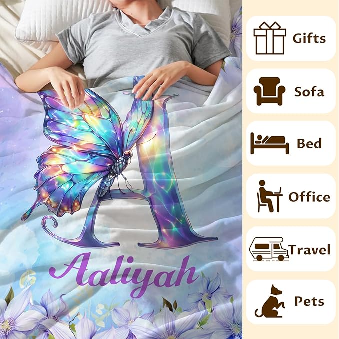 Personalized Butterfly Blanket, Monogramed Blanket for Girls Women, 60 x 50 Inches Cozy Initial Name Flannel Throw for Bed Office, Living Room, Garden, Camping
