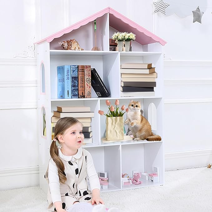 4-Tier Wooden Kids Bookcase, Toy Storage Organizer with Dollhouse Design, Multi-Functional Bookshelf with 4 Shelves for Bedroom Playroom, Easy Assembly for Boys & Girls