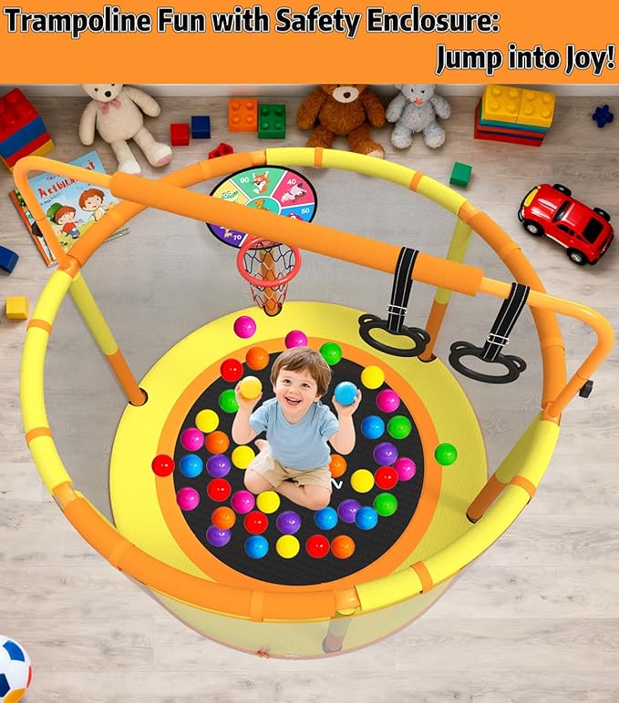 LANGXUN 60" Trampoline for Kids, 5ft Toddler Mini 6-in-1 Trampoline Indoor Outdoor with Swing, Basketball Hoop, Dart Board, Rings, Christmas Toys Birthday Gifts for Girls Boys