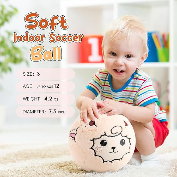 Updated Silent Indoor Soccer Balls for Toddlers 1-3, Inflatable Soft Plush Baby Toddler Soccer Ball Toys Gifts for Kid 3-5 Year Old Boy Girl First Birthday Gift (Sheep, Pump Include)