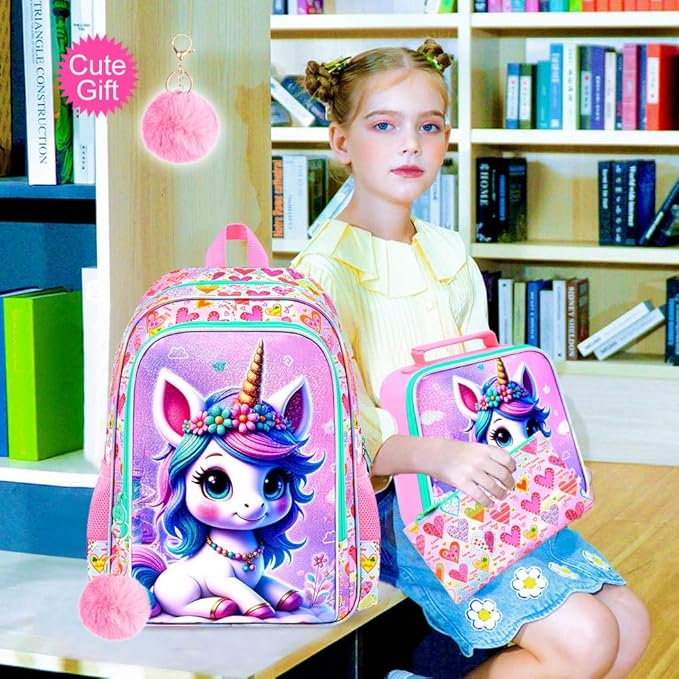 CCJPX 16" Unicorn Backpack for Girls, 3Pcs Kids Bookbag with Lunch Box, Water Resistant Elementary School Bag for Kindergarten Preschool Toddler (Pink)