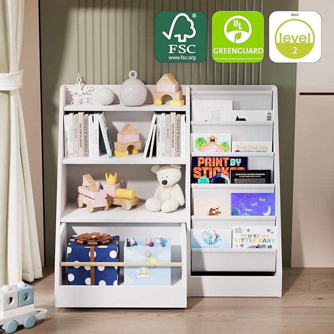 Kids Bookshelf with Toy Storage Organizer Movable Drawer, Toddler Bookcase 5 Sling Child Book Rack 4-Tier Shelf Cabinet Chest with Wheels for Nursery,Playroom,Bedroom,Living Room,Classroom