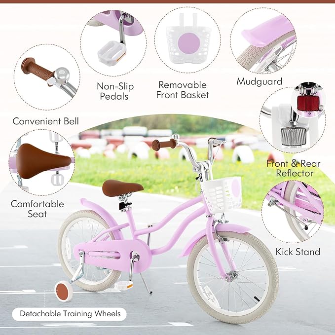 COSTWAY Kids Bike, 12 14 16 18 Inch Toddler Bike Children Bicycle w/Training Wheels, Hand & Coaster Brakes, Adjustable Saddle & Handlebar, Basket, Bell, Kids Bicycle for Girls Boys Aged 3-8 Years Old