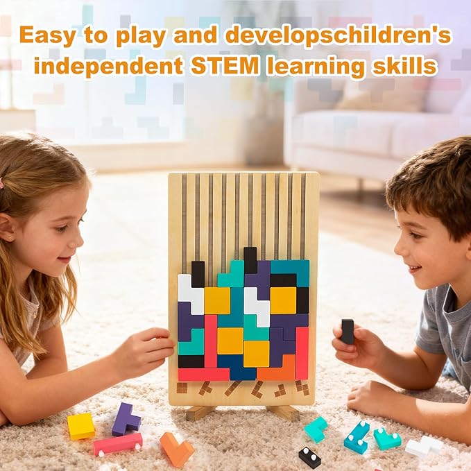Wooden Montessori Russian Blocks Puzzle – 3D Stacking Toy for 3-6 Year Olds Toddlers Educational Gift & Brain Teaser for Critical Thinking Montessori Brain Blocks for Boys & Girls (Classic)