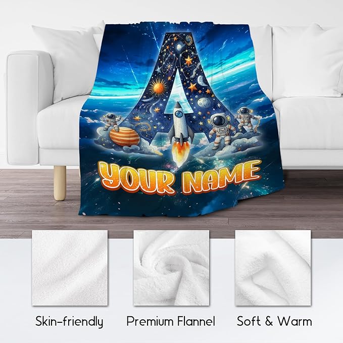 Boys Blanket - Personalized Planet Gifts with Name for Kids - Custom Monogram Blanket for Son Daughter - Warm Fuzzy Flannel Throws - 4 Sizes for Toddler/Children/Teens/Adults