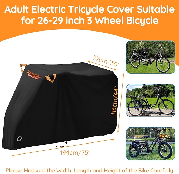 Kovshuiwe Adult Electric Tricycle Cover 26-29 inch 3 Wheel Bicycle Covers Heavy Duty 420D Oxford Strong UV Protection & Windproof, Waterproof Trike Bike Covers