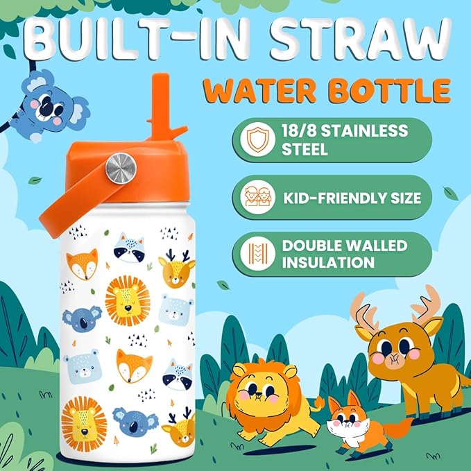 Kids Water Bottle with Straw Lid - 12 Oz Insulated Stainless Steel Animal Water Bottles for Kid Boys Girls - Travel Cup for School Sports