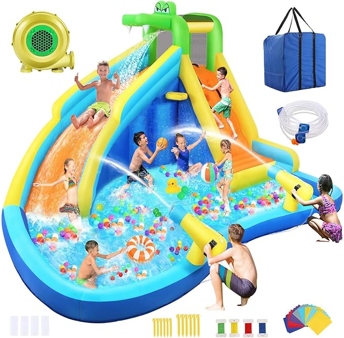 AKEYDIY Inflatable Water Slide for Kids 3-12,Crocodile Cove Water Park with Splash Pool,Water Cannon, Climbing Wall, Kids Inflatable Water Park Slide for Backyard Summer