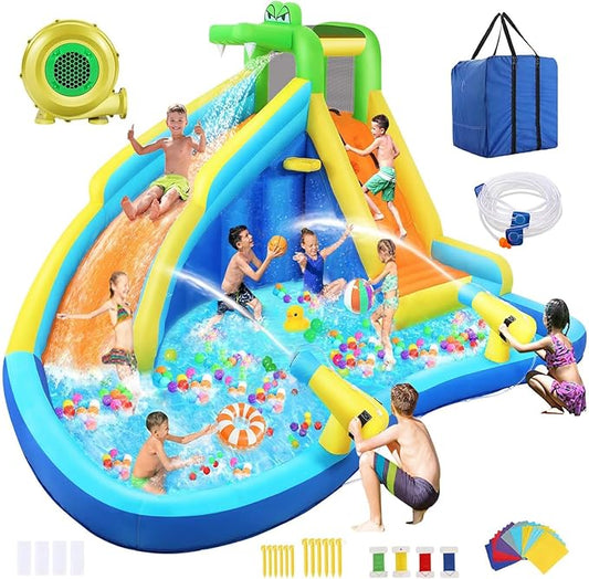 AKEYDIY Inflatable Water Slide for Kids 3-12,Crocodile Cove Water Park with Splash Pool,Water Cannon, Climbing Wall, Kids Inflatable Water Park Slide for Backyard Summer