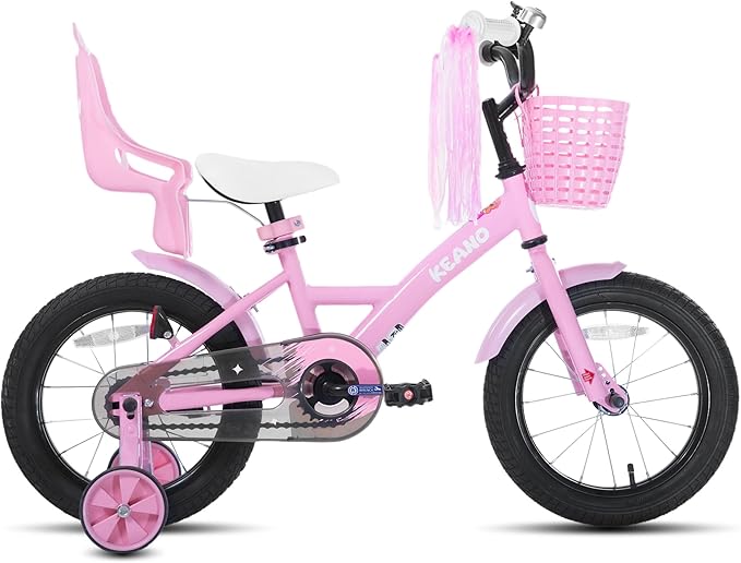 KEANO Zinnia 14 16 20 Inch Kids Bike for Girls Ages 3-10 Years, Girls' Bikes with Training Wheels, Streamers, Basket and Doll Seat, Children Bicycles