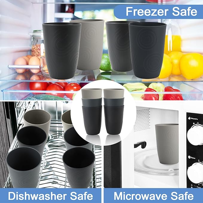 Wheat Straw Cups 6 PCS - 16 OZ Drinking Glasses, Unbreakable Drinking Cup, Water Tumbler for Kitchen, Alternative to Plastic Cups Reusable Microwave and Dishwasher Safe (Black, Grey)