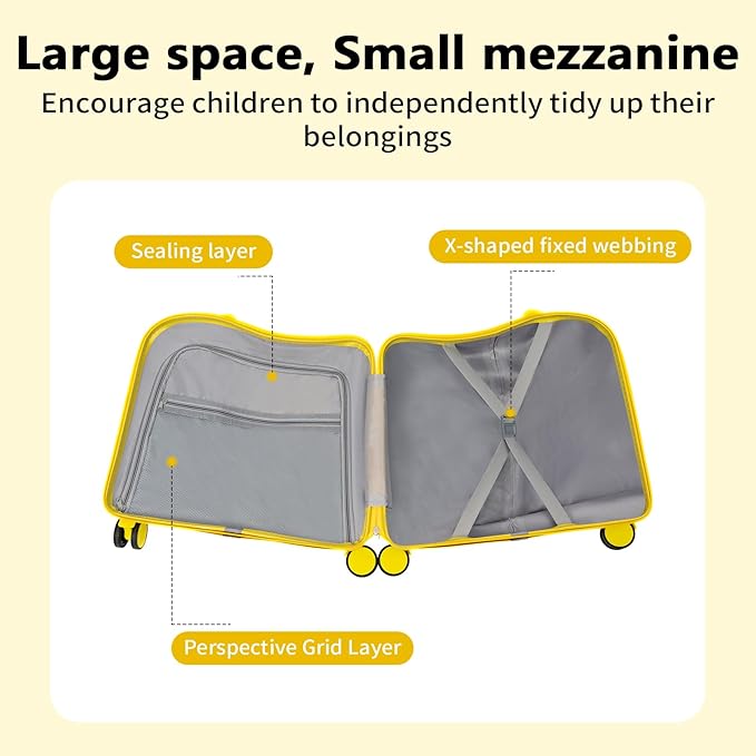 18" Children's Ride On Trolley, Ride-on Travel Suitcase, Cute Ear Toddler Carry on Luggage with Spinner Wheels, Children Rolling Trolly Luggage, Unisex Boys Girls Travel Suitcase with Lock (Yellow)