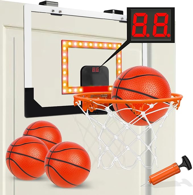 TOY Life Basketball Hoop LED Scoresboard Indoor Basketballhoop Wall Mount Over The Door Backboard for Teens Adults Boys Toys Age 8-10 Games Indoor with 4 Balls