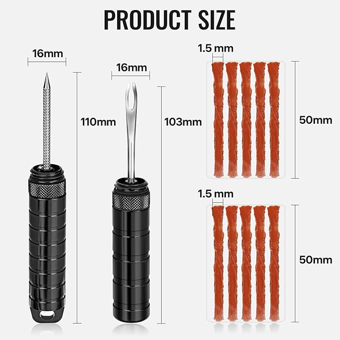 BWSHLF Tubeless Bike Tire Repair Kit for Mountain Bikes & Road Bicycles, Tubeless Tire Plug Kit with Storage Canister, Reamer, Insertion Fork, 10 Bacon Strips, Fix a Puncture or Flat, No Glue Needed