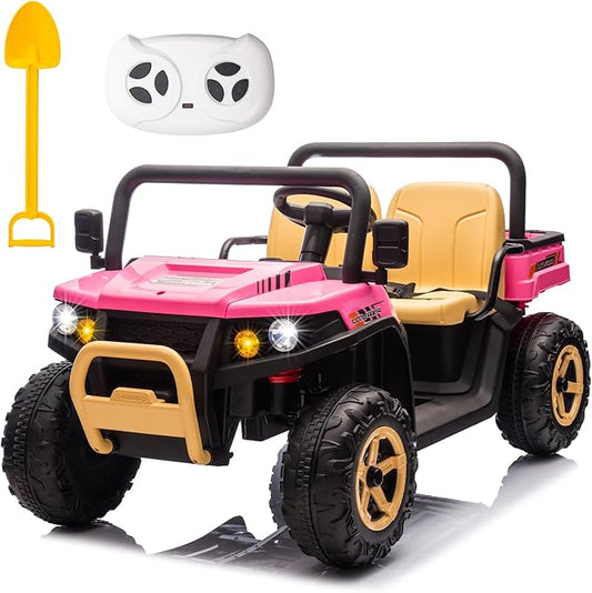 POSTACK 24V 2 Seater Electric Dump Truck for Kids, Ride on Tractor Battery Powered Electric Vehicle with Parental Remote Control, UTV for Kids to Drive w/Bluetooth, Music, Pink